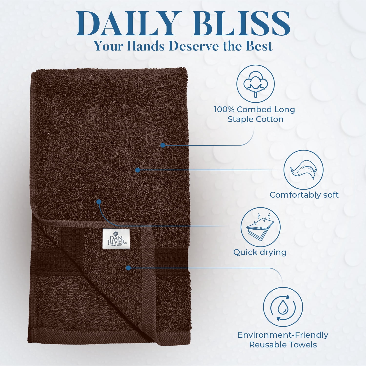 Dan River Hand Towel pack of 6 Quick Dry And Absorbent Cotton Towels for Bathroom - Brown 16x28in