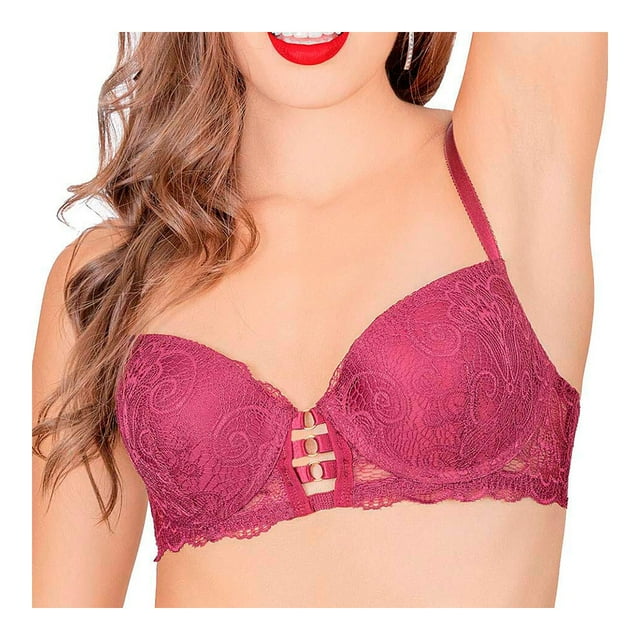 brasier vicky form z01386 morado de Vicky Form, vista frontal medio cuerpo con copas moldeadas y encaje floral, tirantes ajustables y detalle de tres tiras verticales en la parte central sobre base de encaje; fondo blanco, a menudo usado para dar forma y comodidad al busto.