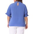 thumbnail image 3 of Blusa de mujer de tallas grandes Agnes Orinda para trabajo en oficina, con pliegues, de manga corta, cuello alto y mangas abullonadas, 2X, azul, 3 of 6