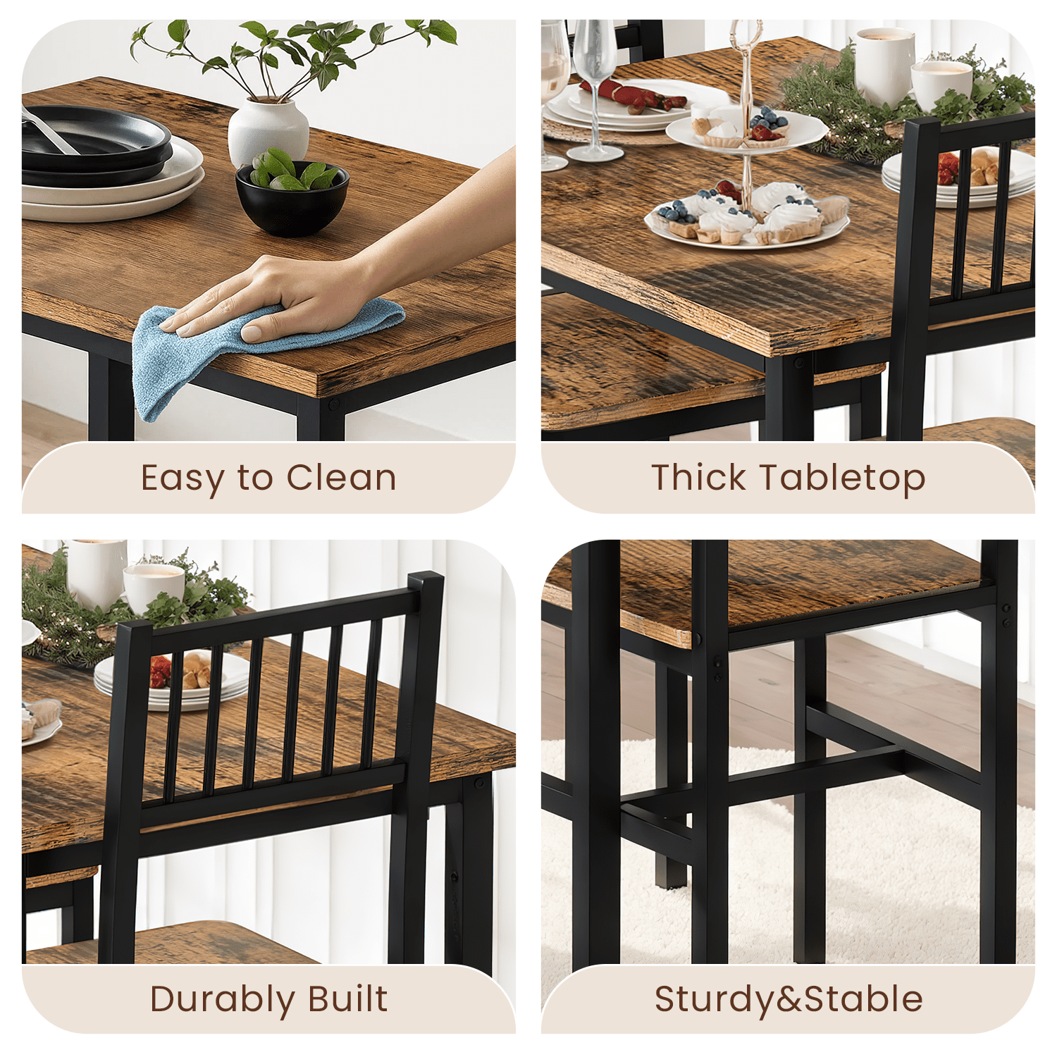 Lamerge 3 Piece Dining Table Set, Industrial Kitchen Table and 2 Chairs with Metal Frame, Dining Room Table Set, Breakfast Table Set for Small Space, Dining Room, Kitchen, Rustic Brown