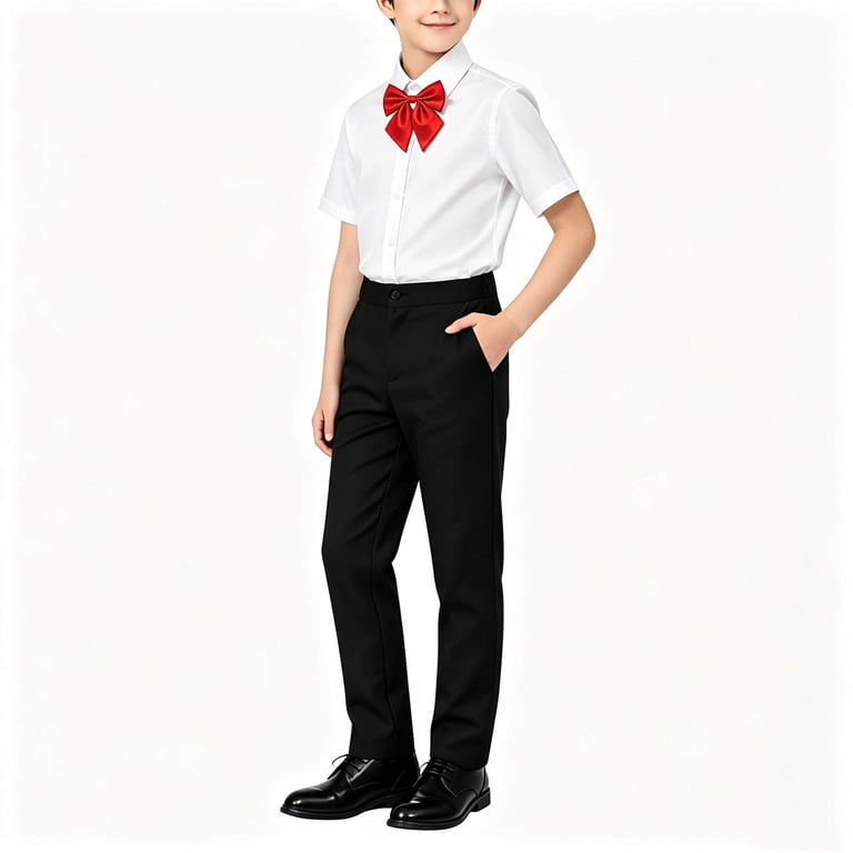 black dress shirt and pants with red bow tie Black Suspenders & Red Bow Tie
