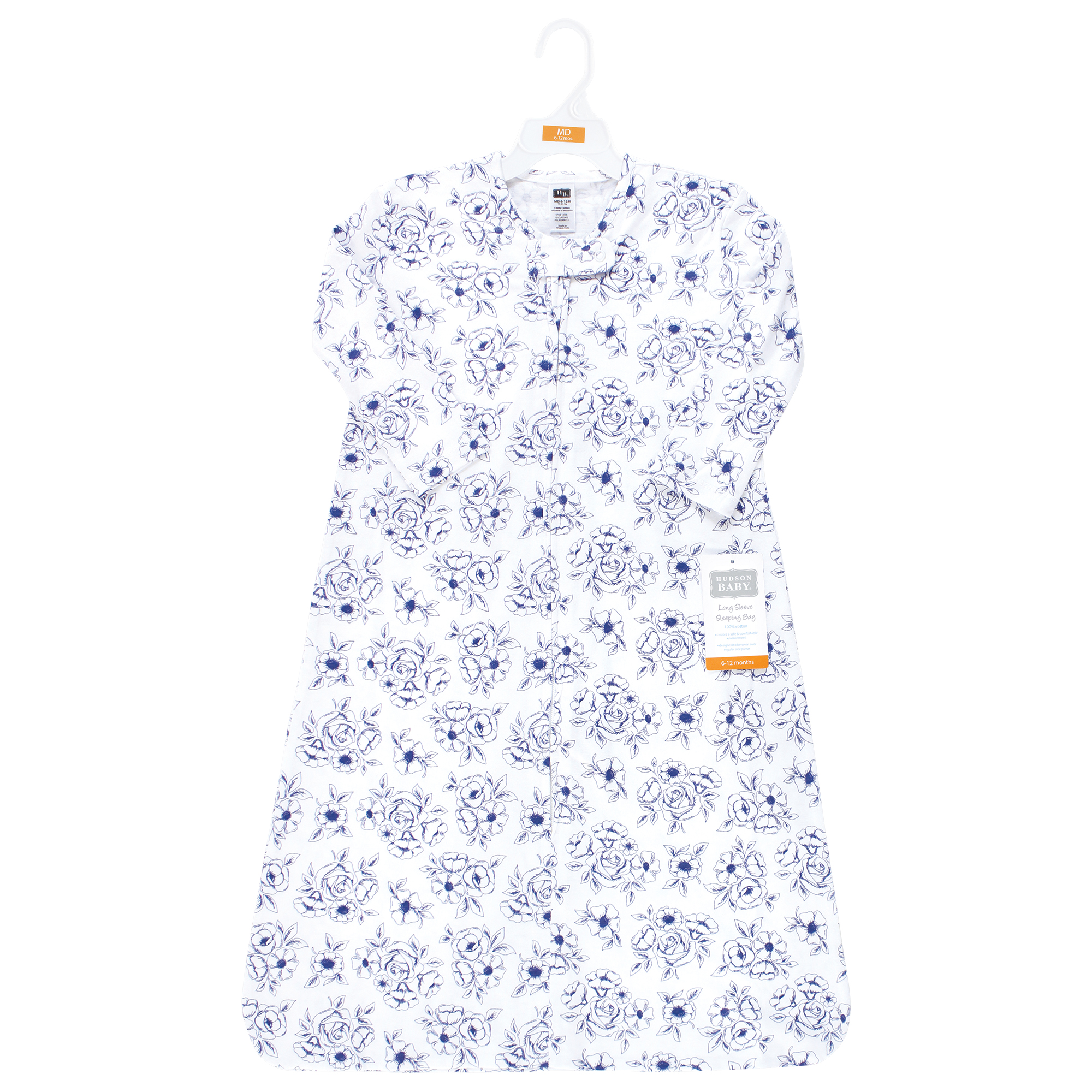 Hudson Baby Infant Girl Long Sleeve Cotton Jersey Sleeping Bag, Blue Toile, 6-12 Months