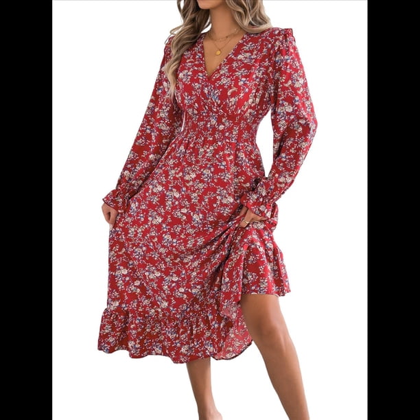 Vestido de Mujer con Estampado Floral, Cuello en V, Dobladillo con Volantes y Cintura Fruncida. Rojo M