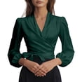 thumbnail image 4 of Oplxuo Lantern Sleeve Satin Shirts for Women V Neck Wrap Tie Side Business Casual Tops Dressy Going Out Tunic Blouse, 4 of 7
