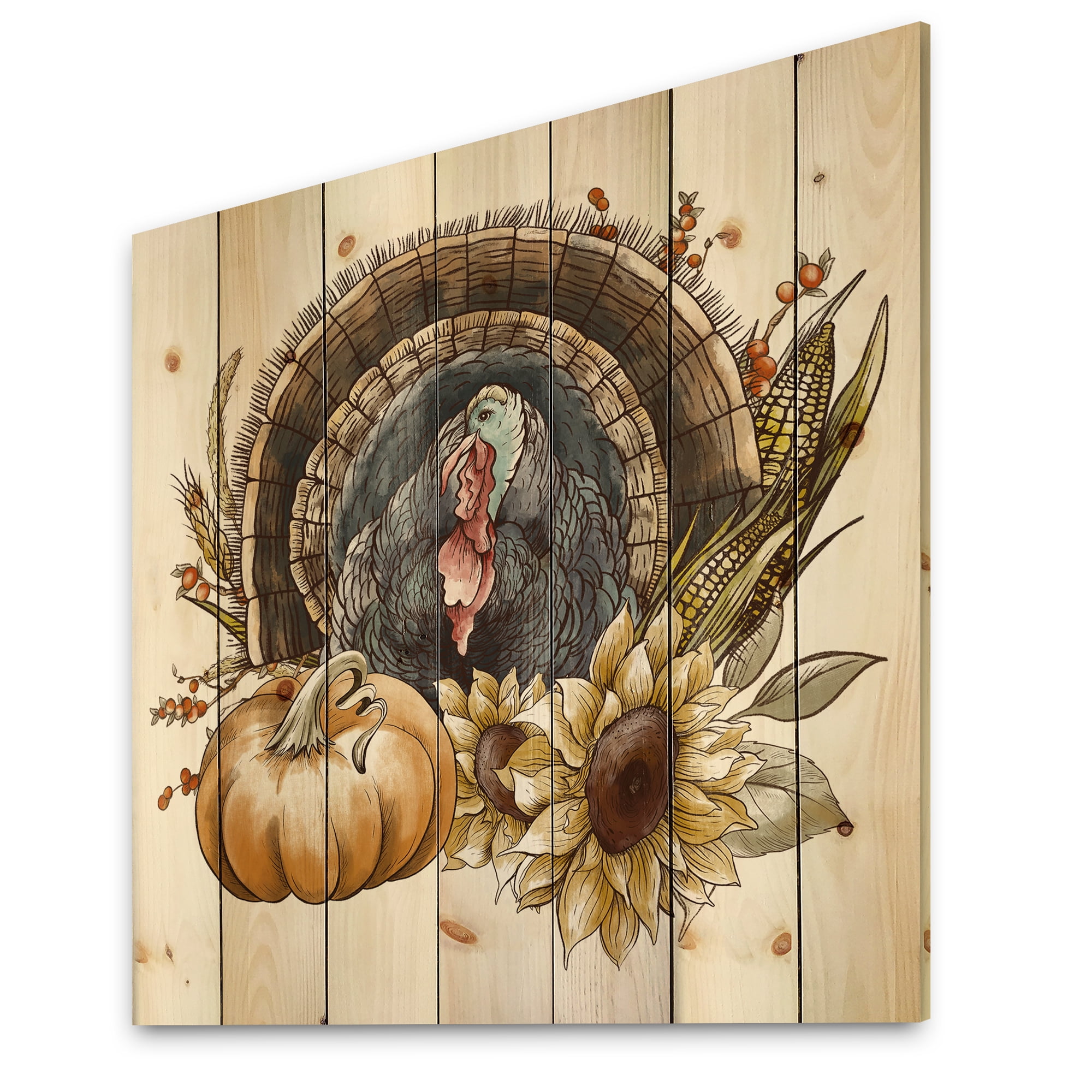 Designart 'Thanksgiving Vintage Turkey Pumpkin and Sunflowers ' Farmhouse Print on Natural Pine Wood