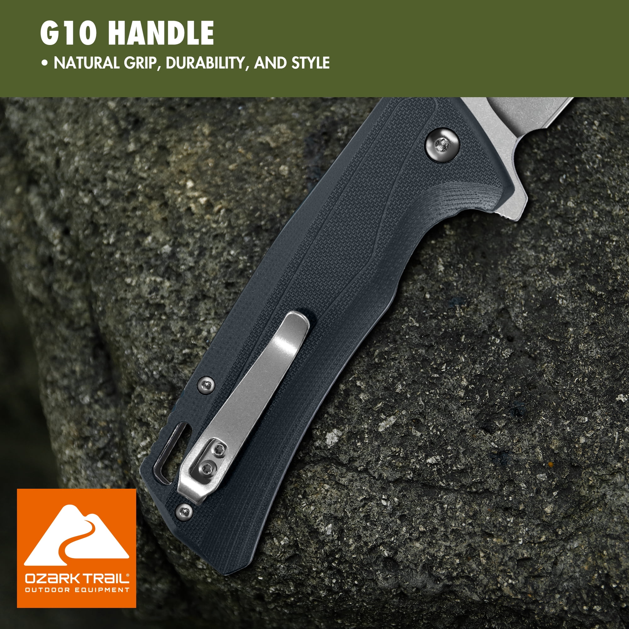 Ozark Trail 8 inch Folding Knife with D2 Steel Stonewashed Blade G10 Handle Reversible Clip