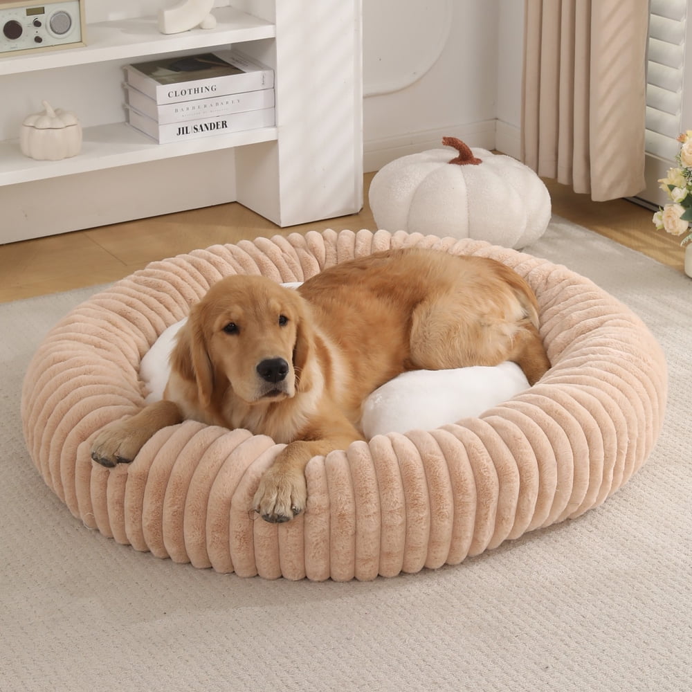 Katieovy Donut Dog Beds for Large Dogs,Fluffy Calming Dog Beds with Non-Slip Bottomm,28 x 28 inch Washable Round Dog Cat Beds,Apricot