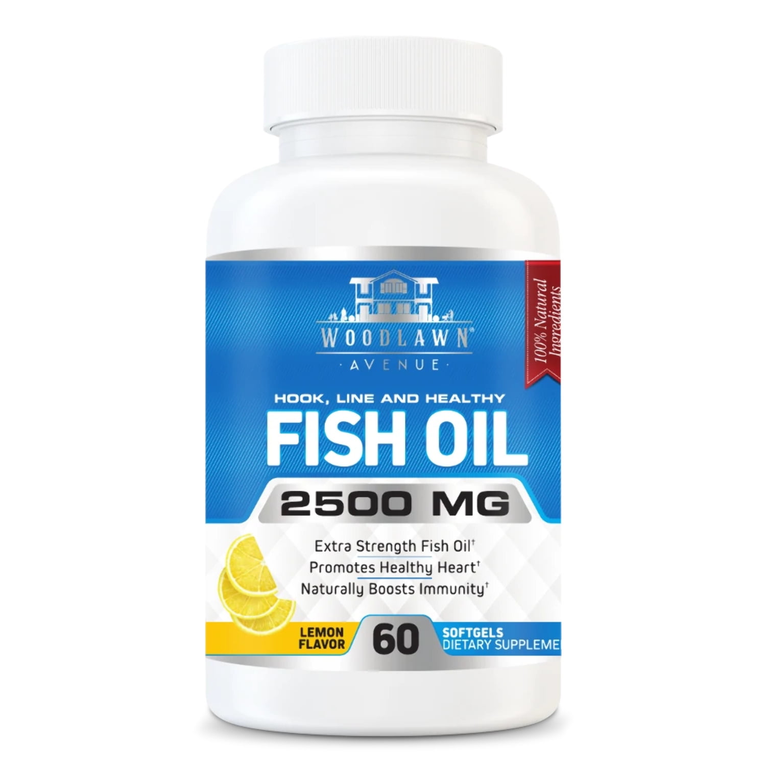 Woodlawn Avenue Omega 3 Fish Oil 2500mg Supplement – Immune & Heart Support – Promotes Joint, Eye, Brain & Skin Health - Non GMO 60 Softgels - EPA, DHA Fatty Acids Gluten Free