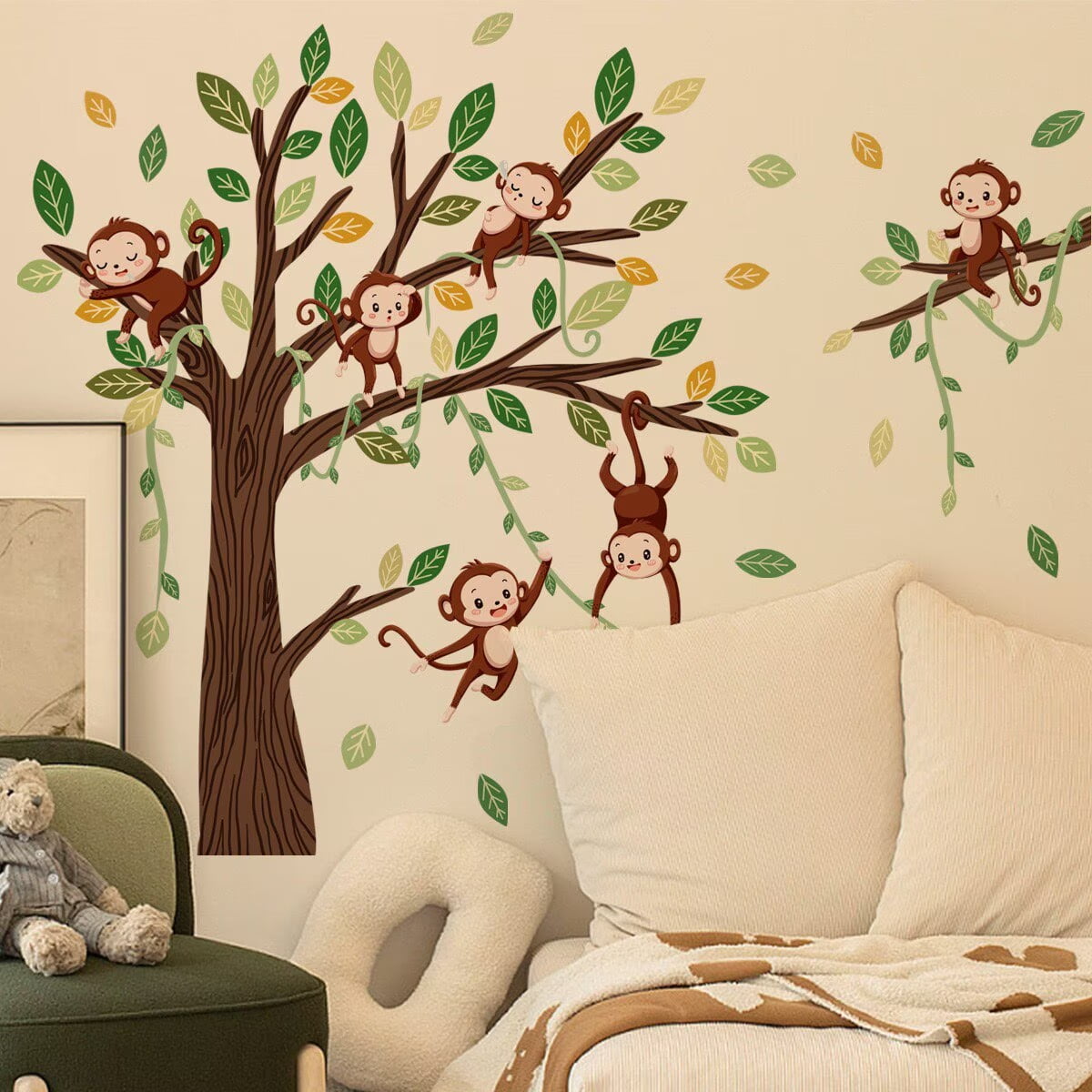 Monkey Climbing Tree Wall Decals Monkey wall decal Jungle Animals Wall Stickers Green Tree Vine Wall Decal Peel and Stick Wall Stickers Kids Baby Nursery Girl Boy Bedroom Playroom Wall Decor