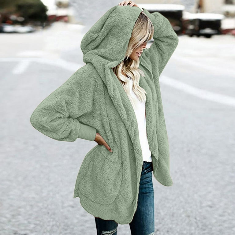 Leadmall Women Hooded Cardigan Fuzzy Fleece Hoodies Jacket Pockets Winter Long Sleeve Open Front Cardigans Sweaters Coat Outerwear Mint Green M Walmart