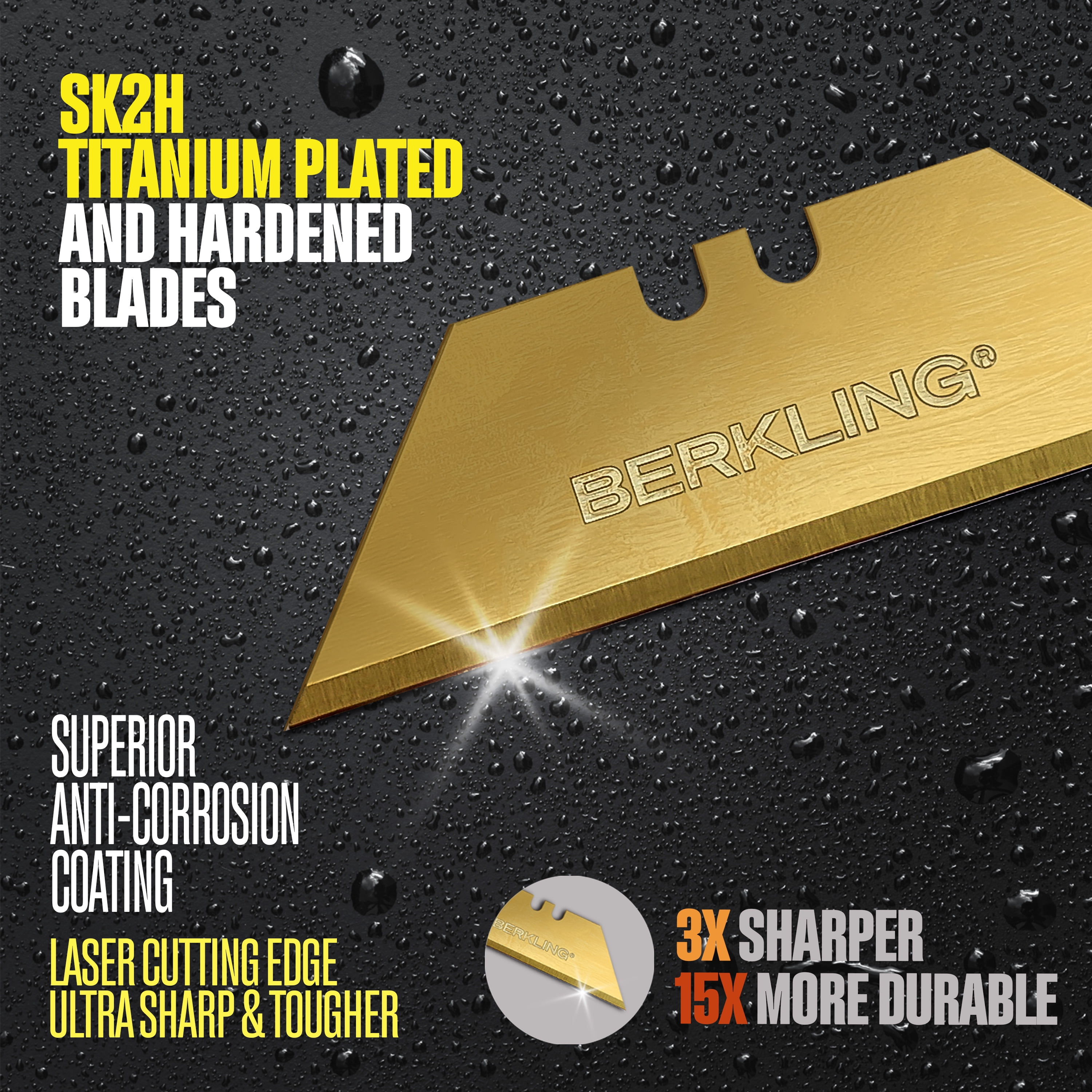 Berkling Utility Knife Replacement Blades, Titanium-Plated Carbon Steel, 50 Pack With Dispenser