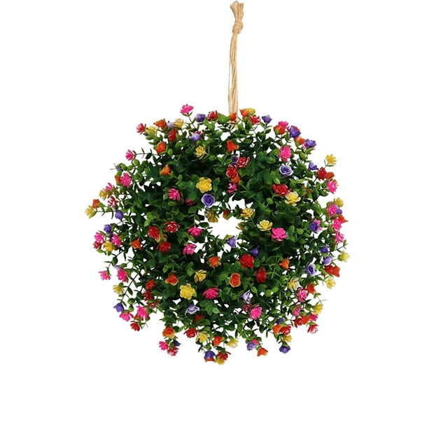 Spring Wreaths for Front Door, 19 Inch Artificial Colored Flower Wreath featuring vibrant multicolored flowers and green foliage. Made of durable plastic, this wreath is suitable for outdoor courtyards, Easter, weddings, and home décor. The wreath is shown fully unfolded and hanging by a natural rope, highlighting its lifelike design and approximately 19-inch diameter.
