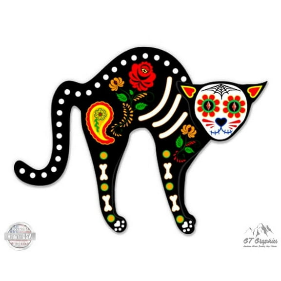 Sugar Skull Cat Dia De Los Muertos - 3" Vinyl Sticker - For Car Laptop I-Pad Phone Helmet Hard Hat - Waterproof Decal