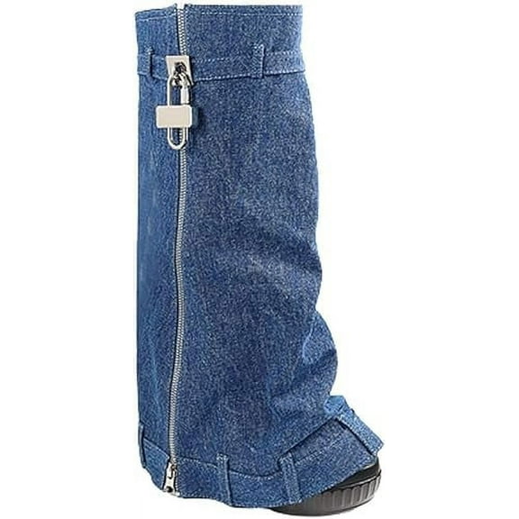 Padlock Fold Over Platform Denim Knee High Boots