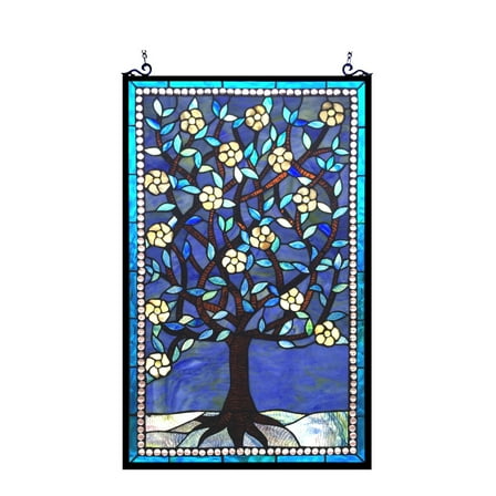 32 Inch Tree Design Tiffany Style Glass Window Panel, Blue