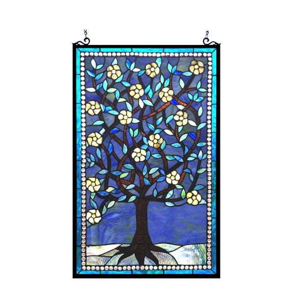 32 Inch Tree Design Tiffany Style Glass Window Panel, Blue