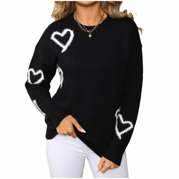 Kaliqueen Womens Sweater Crew Neck Heart Embroidery Knit Pullover Tops Casual Long Sleeve Loose Fit Trendy Outfits
