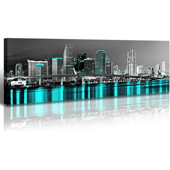 Aaheei Miami Canvas Wall Art Black and White Florida Skyline Panoramic Wall Decor Teal Turquoise City Night Posters Cityscape and Bridge Paintings Modern Artwork Home Decorations