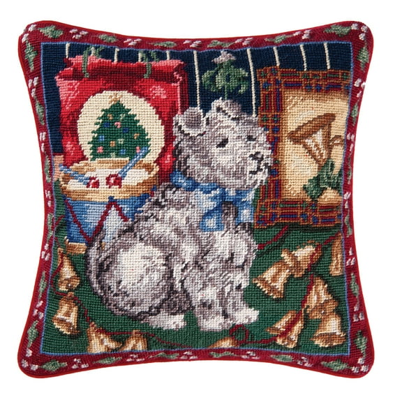 Scotty Dog Christmas Needlepoint Pillow, 14" x 14"