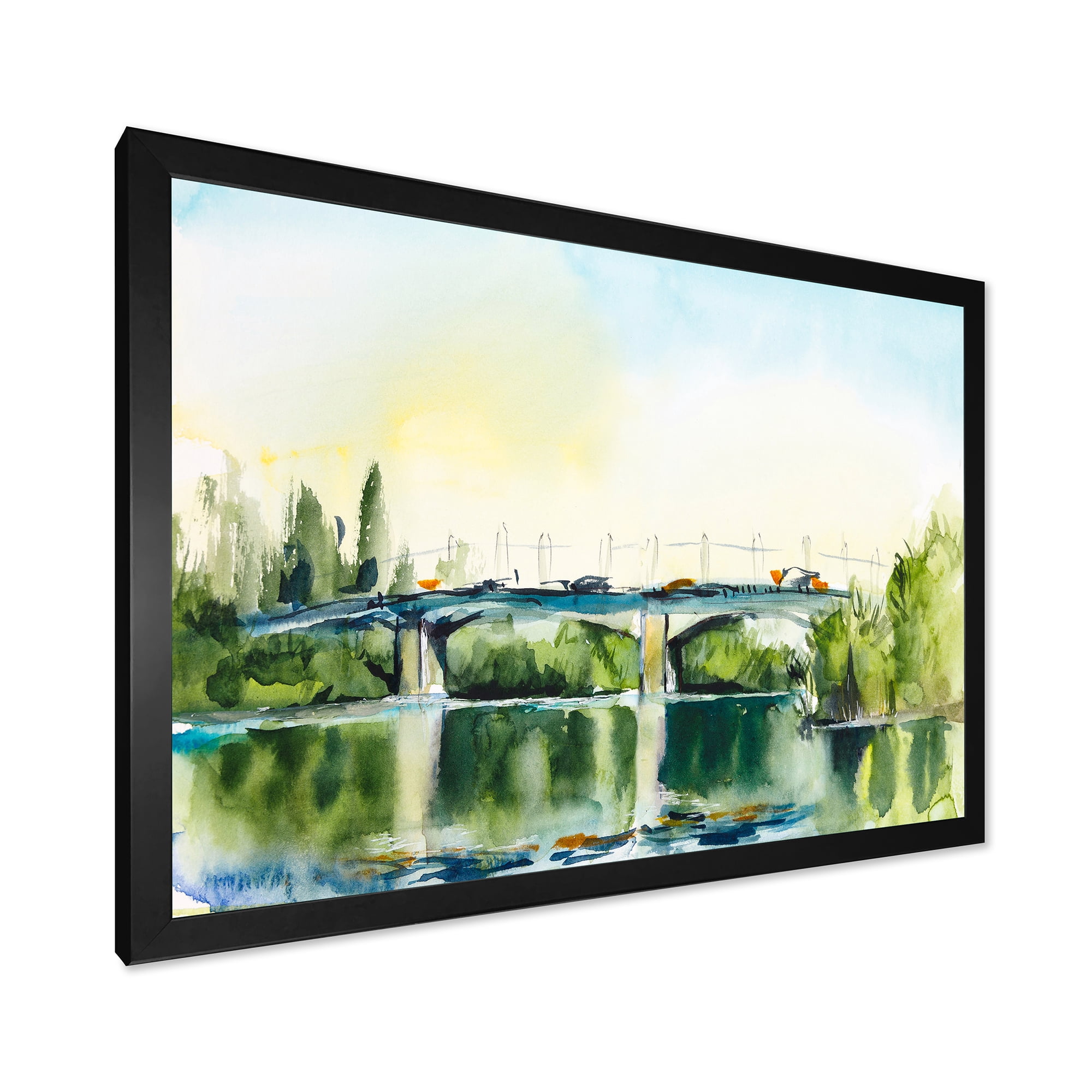 Designart 'Landscape With Old Bridge Over River In The Countryside' Traditional Framed Art Print