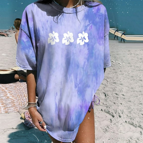 ALLLIST Short Sleeve Tops for Women Crew Neck Holiday T-Shirts Gradient Blue Fashion Shirts for Women