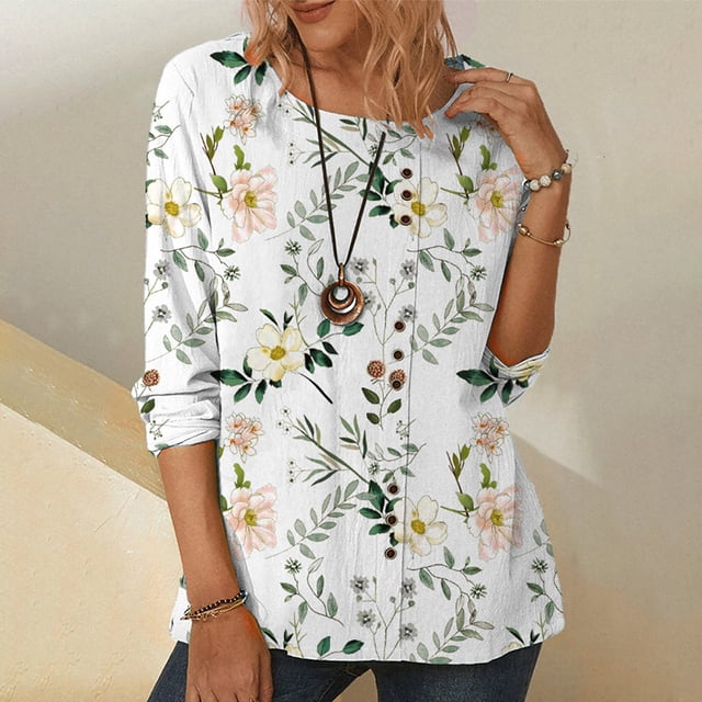 Nouveaux Hauts pour Femmes 2023 Mode Décontractée Col Rond Imprimé Blouse Manches Longues T-Shirt Grande Taille Automne Boutons Hauts Manches Longues pour Femmes