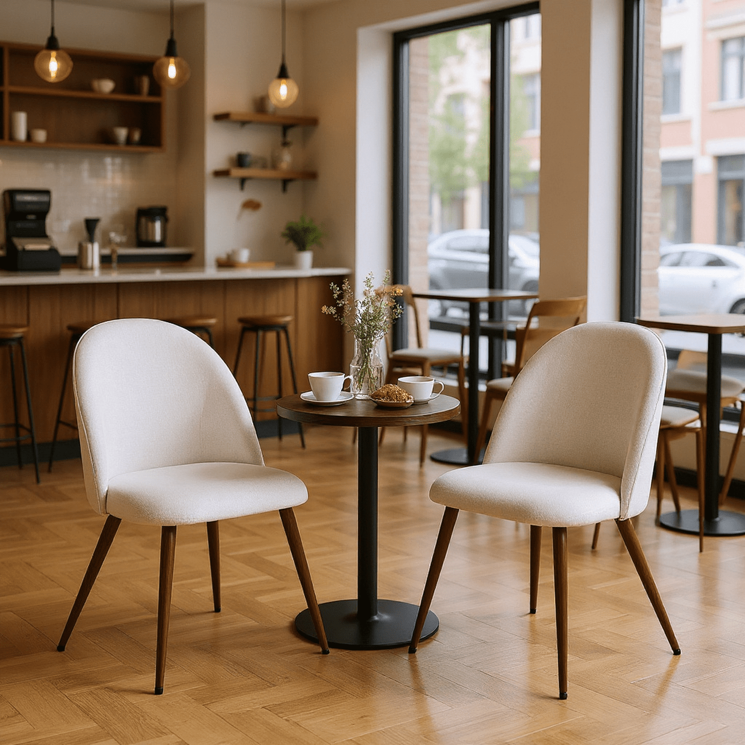Homy Casa 2 Piece Upholstered Fabric Dining Chairs with Thick Cushion and Walnut Finish Metal Legs