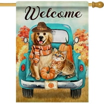 Welcome Fall Dog Cat Decorative House Flag, Autumn Truck Golden Retriever Puppy Kitty Kitten Home Yard Garden Outdoor Decor, Thanksgiving Pumpkin Farmhouse Large Outside Decoration 28 x 40