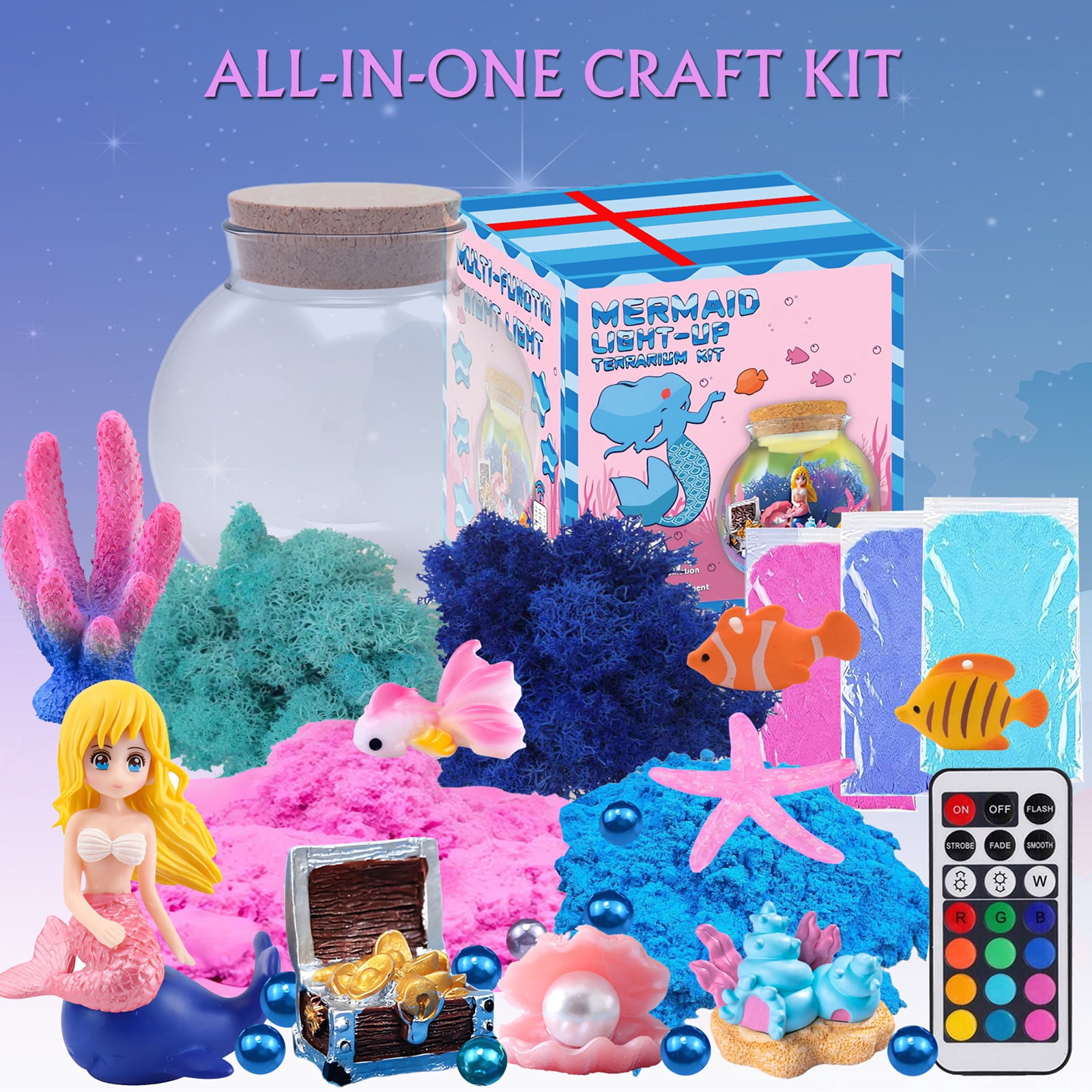 Mermaid Terrarium Craft Kit for Kids, 13 Colors LED Night Light with Remote, Creative Birthday Gift for Girls Age 3-12, DIY Your Own Ocean Theme Decor