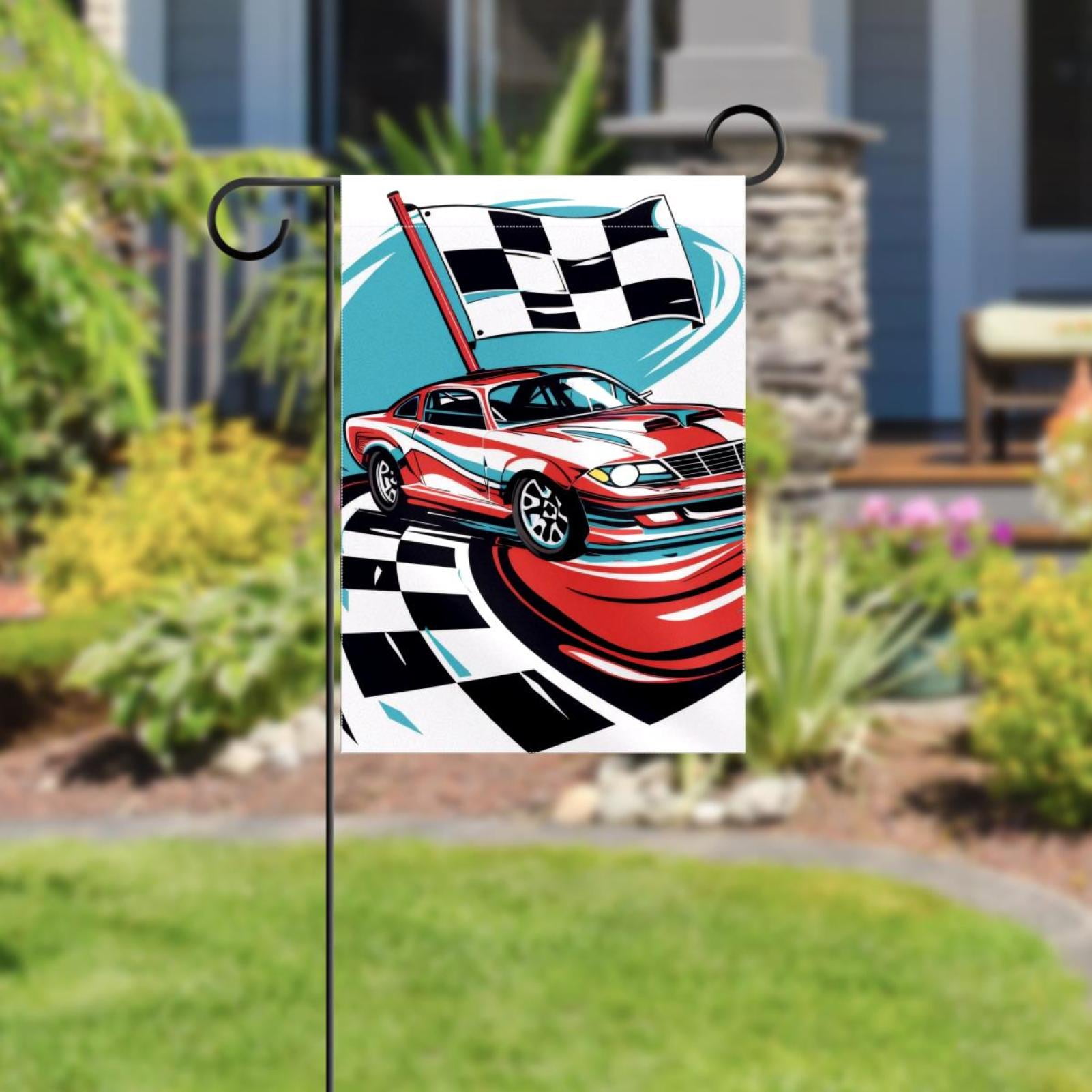 Welcome Speeding Racing Car with Checkered Flag Pattern Garden Flag, Vertical Double Sided Small House Flag, Yard Farmhouse Outdoor Deck Veranda Lawn Decor 28x40 Inch