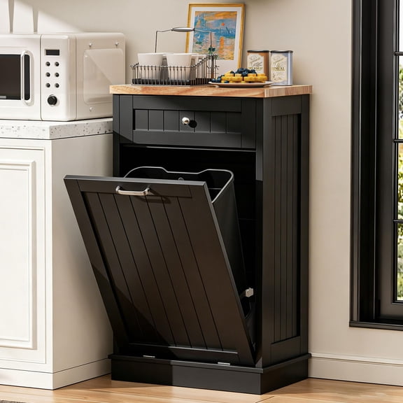 Kitchen Trash Can Cabinet, Single Hidden Tilt Out Trash Bin Storage, Wooden Sideboard Organizer Hutch, Modern Farmhouse Storage Cabinet For Dining Room Kitchen, Black