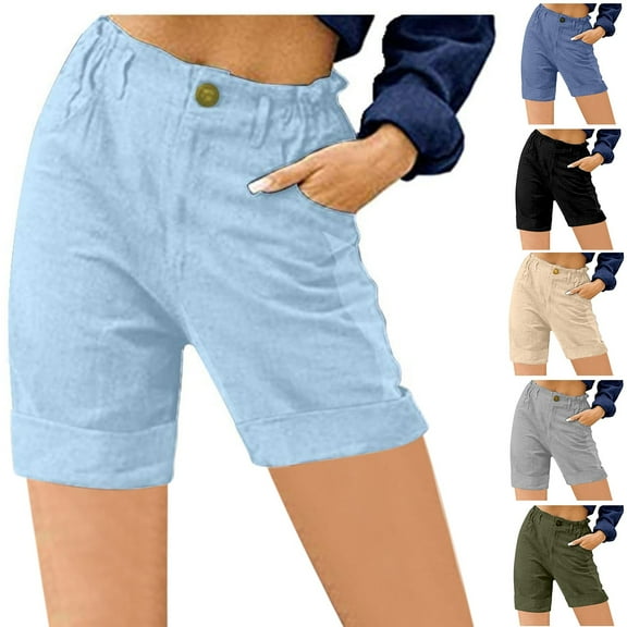 Simua Women's Bermuda Shorts Casual Pleated High Waist Loose Pocket Straight Buttons Shorts