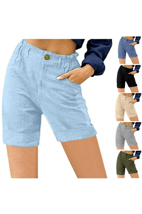 Women's Bermuda Shorts Casual Pleated High Waist Loose Pocket Straight Buttons Shorts