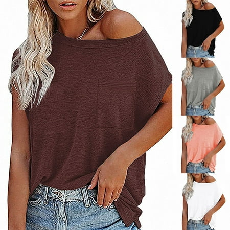

Taluosi T-shirt Short Sleeve Loose Women Solid Color Off Shoulder T-shirt for Summer