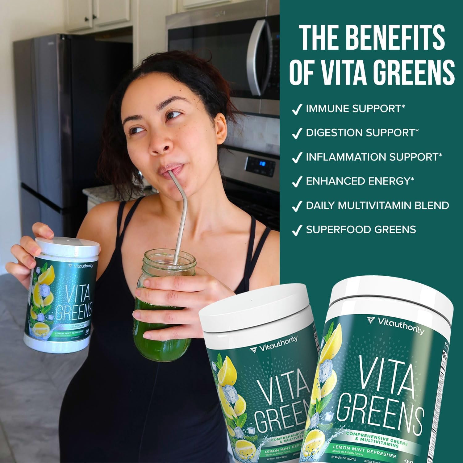 Vitauthority Vita Greens Superfood Dietary Supplement Powder, Daily Multivitamin, Gut Health & Immune Support Blend, Lemon Mint, 30 Servings