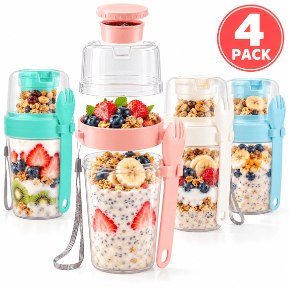 4 Pack 27oz Reusable Yogurt Parfait Cups with Lids and Spoon, Cereal Parfait Cups with Salad Box, Overnight Oats Containers Leakproof Pudding Cups for Yogurt Fruit Vegetable Cereal Grain
