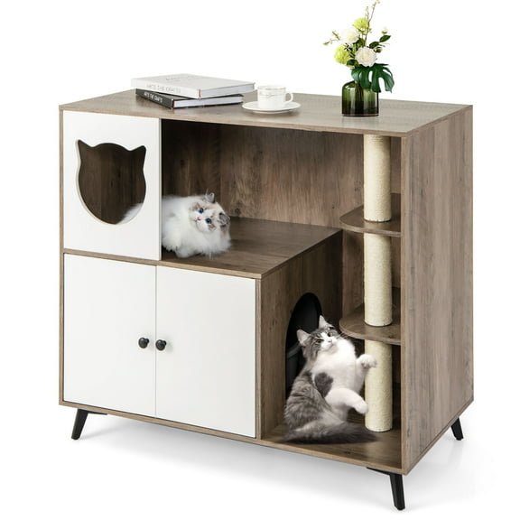 Gymax Cat Litter Box Enclosure 5-in-1 Enlarged Cat Litter Cabinet Furniture