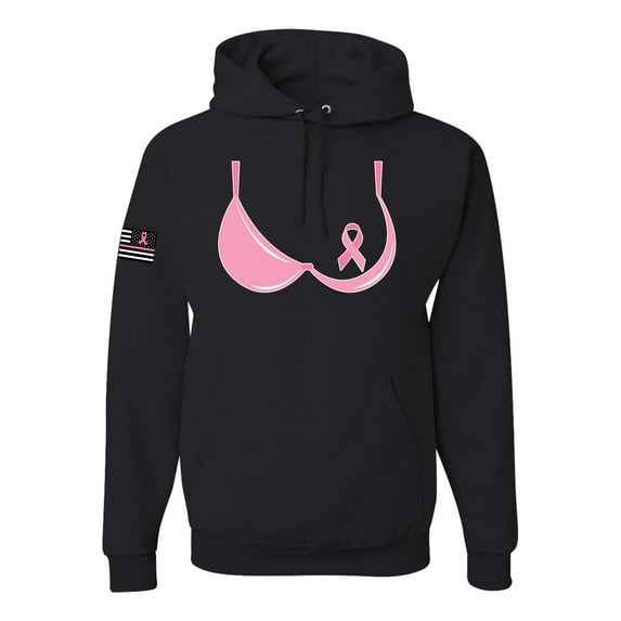 Wild Bobby, Pink Ribbon Women Bra T Shirt USA Flag Sleeve Breast Cancer Awareness Unisex Hoodie Sweatshirt, Black, XX-Large