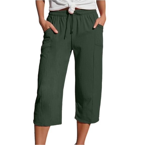 Women Wide Leg Pants Summer High Waisted Pants Drawstring Casual Trousers with Pockets Green S
