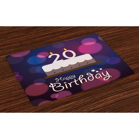 Birthday Cake Fabric - 20th Birthday Placemats Set of 4 Twenty Years Old Birthday Cake Cartoon Design on Navy Blue Backdrop, Washable Fabric Place Mats for Dining Room Kitchen Table Decor,Lilac and Purple, by Ambesonne