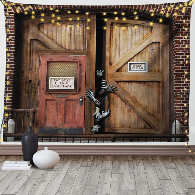 Tapiz de Zombie con monstruos detrás de la puerta de madera, tapiz de Halloween, decoración colgante de pared de fantasía de miedo para dormitorio, sala de estar y dormitorio