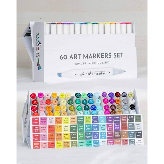 ColorIt 60 Dual Tip Art Markers Set for Coloring - Double Sided Artist Alcohol Permanent Markers