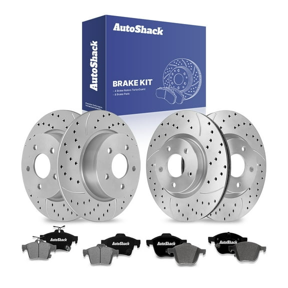 AutoShack Front & Rear Brake Rotors & Ceramic Pads for Ford, C-Max 2013-2018, FWD L4 2.0L - Coated Drilled & Slotted - Silver Matte Finish - TurboGuard