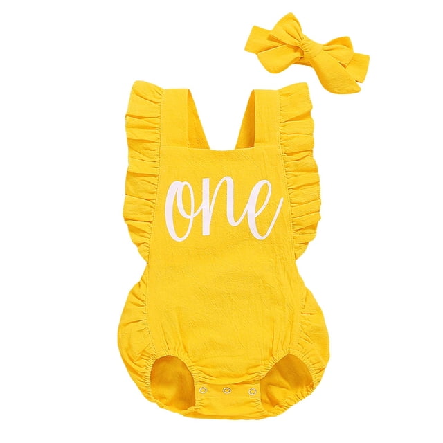 Shalofer Bebé Niñas Un Año Trajes Primer Cumpleaños Mameluco Lindo Volantes Sin Espalda Mono Con Diadema (Amarillo 6-12 Meses)
