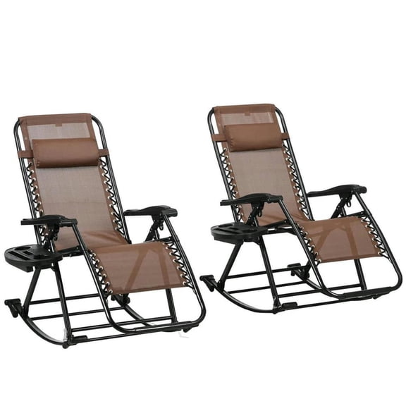 Topcobe Comfortable Outdoor Loungers, 2 Seater Reclining Rocking Chairs with Pillow, Cup and Phone Holder, Perfect for Relaxation, Brown