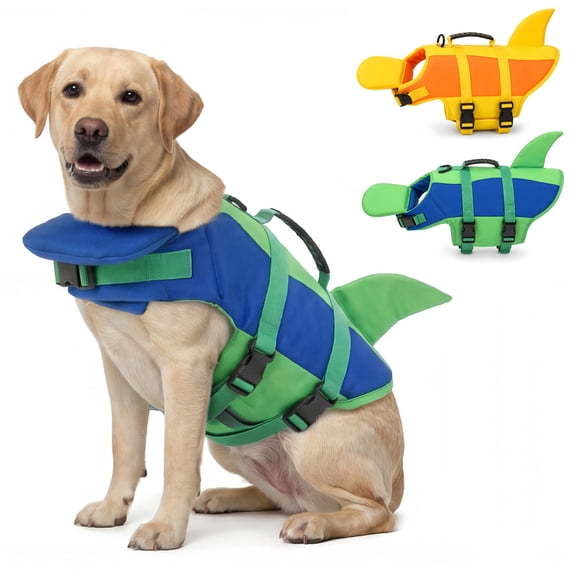 Cute Shark Dog Life Jacket for Small Medium Large Dogs, Safety Life Vest with Front Chin Float and Rescue Handle High Buoyancy Puppy Floating Swim Vest