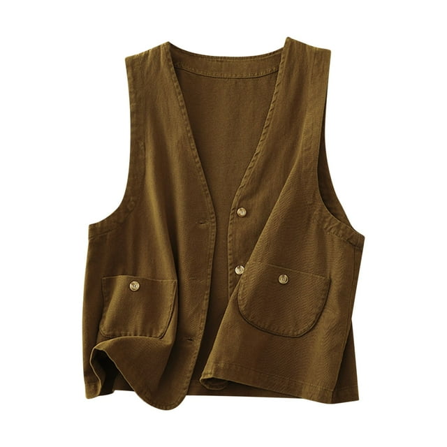 Timegard Camisoles pour Femmes en Coton et Lin à Boutons Sans Manches Gilet Court Veste Légère Mode