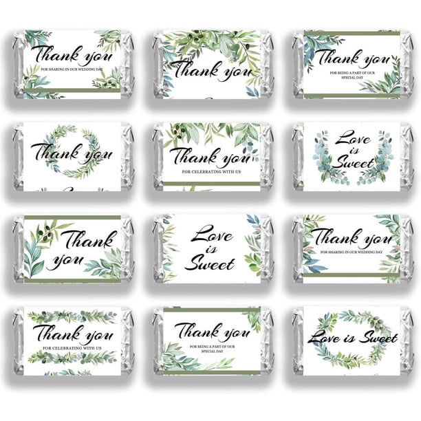 120 unidades de papel de regalo para dulces de boda, minienvoltorios verdes de agradecimiento para barras de caramelos, etiquetas adhesivas para barras de chocolates Love Is Sweet