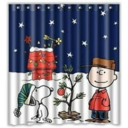Snoopy Christmas Shower Curtain, Funny Charlie Brown Waterproof Shower Curtains Navy Blue Bath Curtain Kids Cute Bathroom Set with Hooks for Thanksgiving Halloween Decoration Home Decor