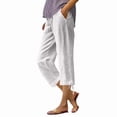 thumbnail image 3 of Hurxie Women's Linen Capri Pants with Drawstring Petite Summer Beachwear Lightweight Elastic Waist Pants White,M, 3 of 7